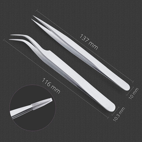 Sivote Eyelash Tweezers, 2-Pack, Stainless Steel Lash Tweezers for Eyelash Extensions, Matte Silver