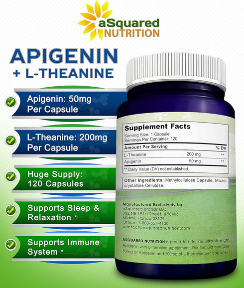 aSquared Nutrition Apigenin 50mg & L-Theanine 200mg - 120 Capsules for Sleep and Relaxation