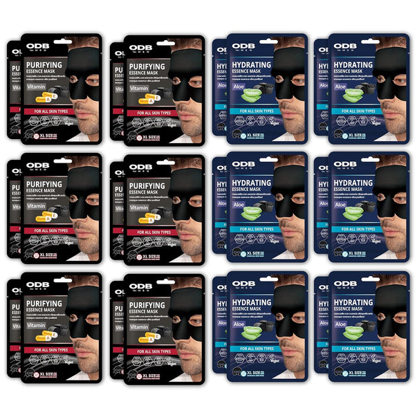 ODB for MEN Charcoal Essence Sheet Mask 24 PK - Hydrating Aloe & Purifying Vitamin Facial Mask for Bearded Men