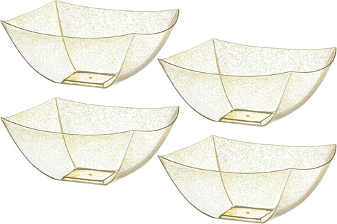 Posh Setting Small Square Plastic Serving Bowls, 4 Pack Gold Glitter Disposable Candy, Snack, Salad, Chips Bowl, Heavy