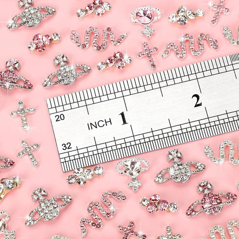 30 Pcs Nail Charms Pink Y2k Chrome Rhinestone Charms, 3D Cross Snake Saturn Shape with Planet Nail Gems