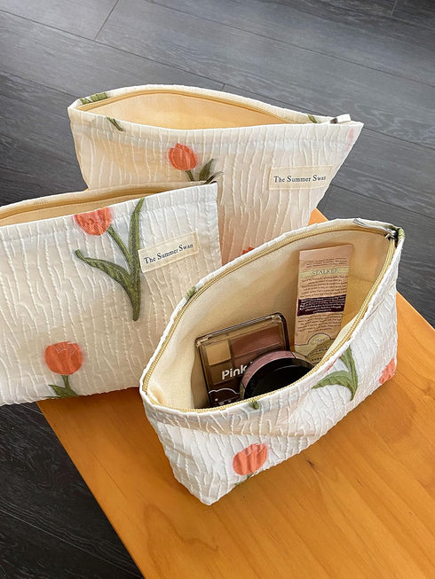 Large Aesthetic Makeup Bag - Floral Mid-day Clutch, Period Kit, Hygiene, and Skincare Bag (Tulip)