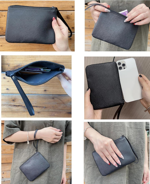 Small Black Makeup Bag for Purse, Vintage Cosmetic Pouch, PU Leather Mini Zipper Clutch, Travel Lipstick Holder