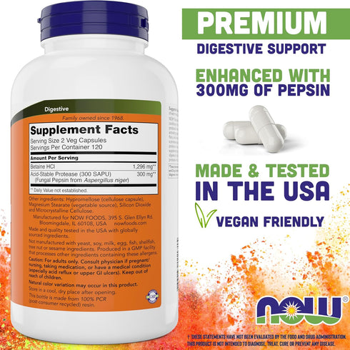NOW Betaine HCl 648mg 240 Veg Capsules - Digestive Enzymes Supplement - Enhanced with Pepsin Protease for Protein Digestion Support