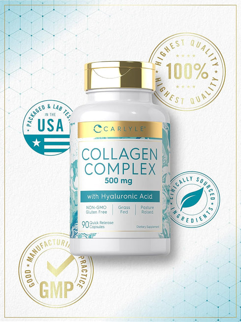 Carlyle Collagen Pills with Hyaluronic Acid, 500mg, 90 Capsules, Non-GMO, Gluten Free Hydrolyzed Supplement