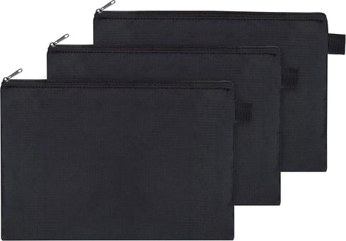 Zipper Bag Set of 3 - Carry All Pouch to Organize Travel Toiletries, Pens, Cosmetics (9.5 x 6.5, Black)