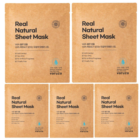 K-Beauty Real Natural Sheet Mask with Blue Ampoule - EWG Verified Non-GMO, Non-Fluorescent, Firming 5 Count
