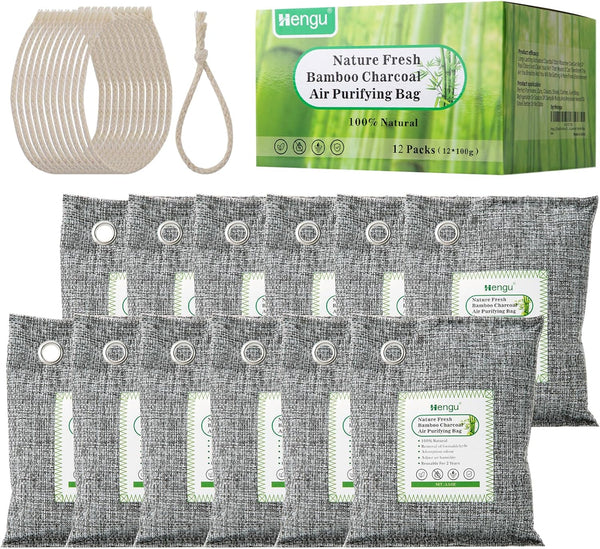 12 x 100g Activated Charcoal Odor Absorber | Nature Fresh Bamboo Charcoal Air Purifying Bag for Home, Closet, Car