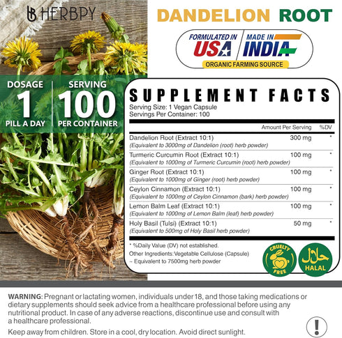 Dandelion Root Supplement 7500mg, 100 Capsules - 6in1 for Digestion, Heart Health & Immune Support with Ginger &