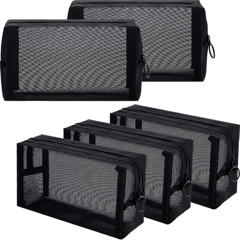 Sadnyy 5 Pieces Portable Mesh Makeup Bag, Black Breathable Toiletry Bag for Accessories Organizer (7.1 x 4 x 2.4 Inch)