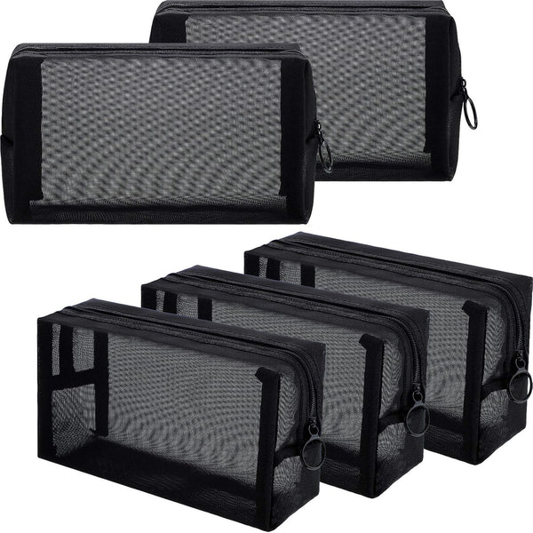 Sadnyy 5 Pieces Portable Mesh Makeup Bag, Black Breathable Toiletry Bag for Accessories Organizer (7.1 x 4 x 2.4 Inch)