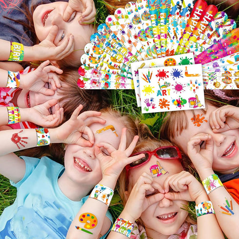 48PCS Art Party Favors: 24 Tattoos, 24 Slap Bracelets, Themed Birthday Supplies, Gifts for Girls Boys