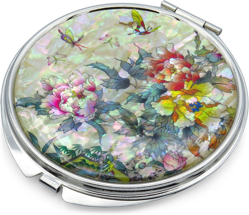 MADDesign Mother of Pearl Compact Makeup Mirror, Folding Magnify, Butterfly Flowers, Pink Yellow
