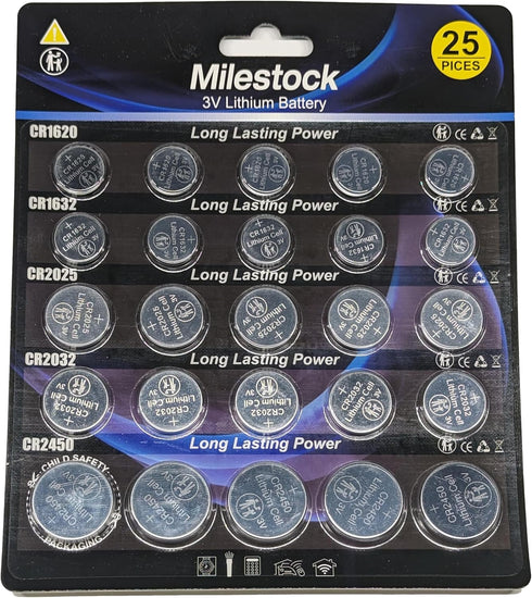 Milestock 25-Pcs 3V Lithium Button Battery Assortment CR1620 CR1632 CR2025 CR2032 CR2450 for