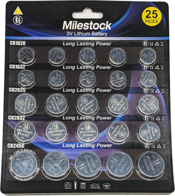 Milestock 25-Pcs 3V Lithium Button Battery Assortment CR1620 CR1632 CR2025 CR2032 CR2450 for