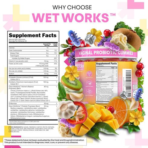 Gummies 60 Count Wet Works Women's Vaginal Probiotic Pineapple Cranberry Folic Acid D-Mannose Vitamin C Chicory Myo