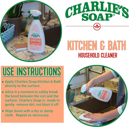 Charlie's Soap Kitchen and Bath Household Cleaner, Non-Toxic, Multi-Surface Use (2 Pack)