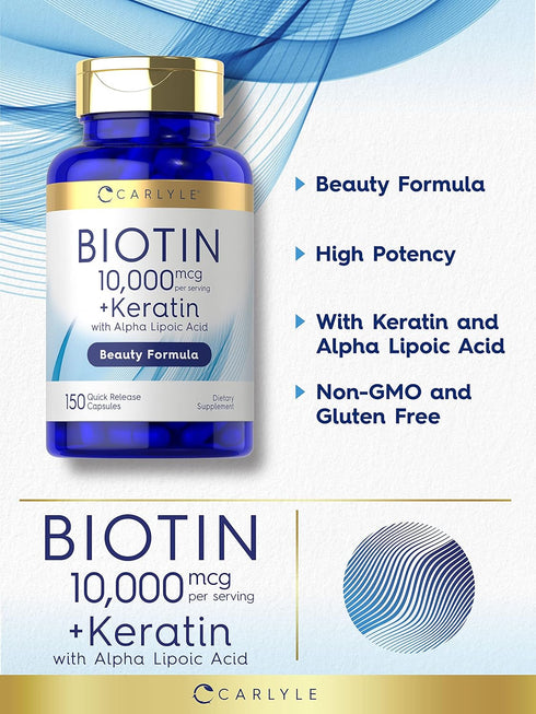 Carlyle Biotin 10000mcg | 150 Capsules | Non-GMO, Gluten Free Beauty Formula with Keratin