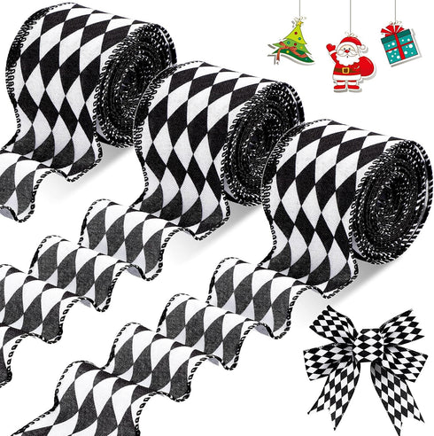 3 Rolls Black White Harlequin Ribbon, 30 Yards, 2.5 Inch Wide Checkered Wired for Xmas Fall Tree Crafts