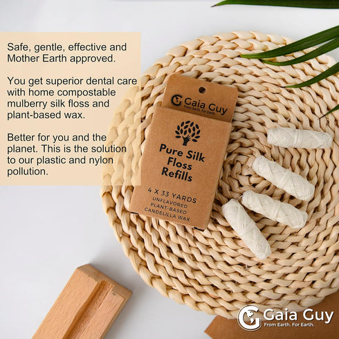 Gaia Guy Silk Dental Floss Refill, Unflavored Natural Silk, 4 Spools x 33yds, Compostable & Eco-Friendly Packaging