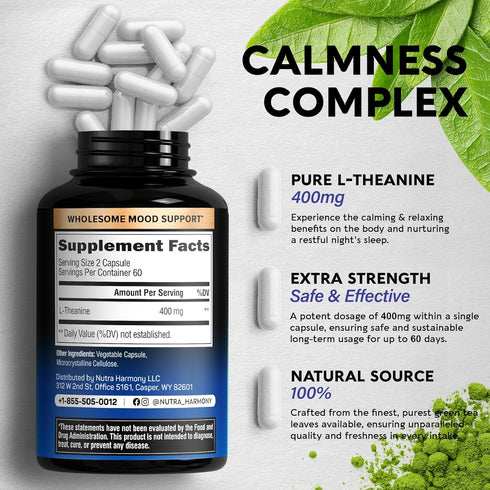 L Theanine 400 mg | L-Theanine Stress Relief | Extra Strength Supplement | Made in USA | Relaxation, Sleep & Calm Support | For Men & Women | Plant Based, Non-GMO & Gluten-Free | 120 Vegan Capsules