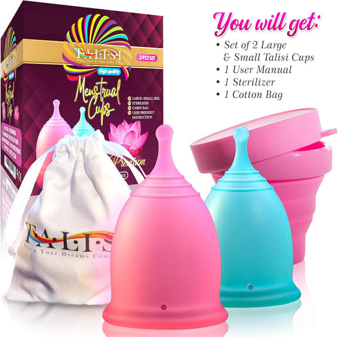 Talisi Menstrual Cups, Set of 2 with Collapsible Silicone Sterilizing Cup for Regular Heavy Flow