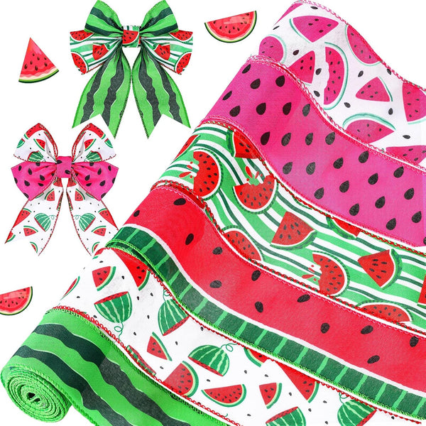 6 Roll 30 Yard Summer Wired Ribbon, 2.5 Inch Watermelon Print for Gift Wrapping, Wreath Craft, Baby Shower Decor