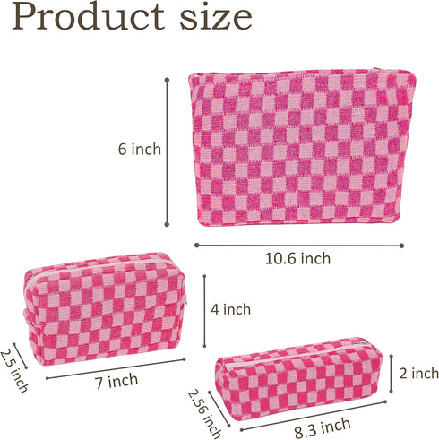 Large Capacity Makeup Bag Set Pink Checkered Makeup Bags 3 Pieces Canvas Travel Makeup Bag Organizer Travel Toiletry Bag Storage Bag for Women
