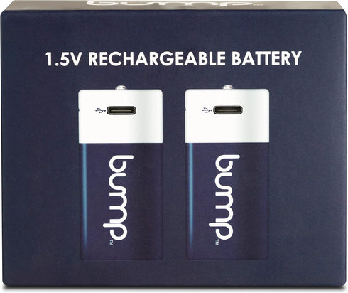 bump D 1.5V Rechargeable Batteries, 2 Pack, Lithium Ion, High Output, Charger Cable Included