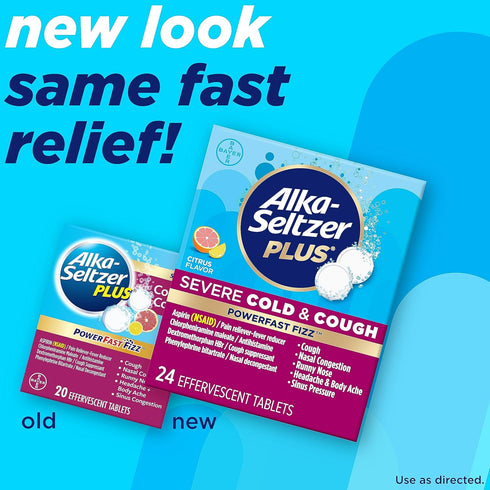 ALKA-SELTZER PLUS Severe Cold & Cough Medicine - PowerFast Fizz Citrus Effervescent Tablets, Fast Relief, 24 Count