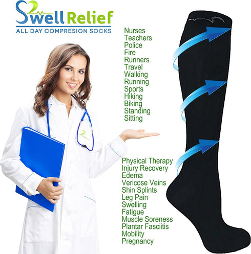 2 Pair Ladies Compression Socks, Navy Blue, Moderate/Medium Compression 15-20 mmHg, Knee-High