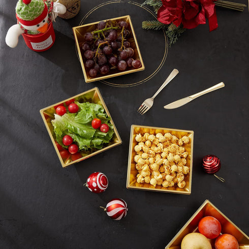 N9R 50 Count Gold Square Plastic Serving Bowls, 12 oz Disposable Bowls for Candy, Salad, Perfect for Parties