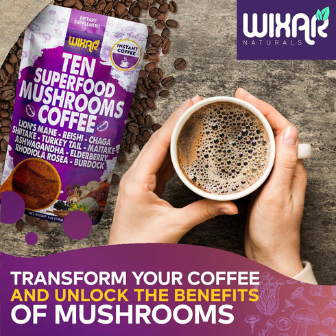 WIXAR Superfood Mushroom Coffee - Instant Coffee Powder with Ten Superfood Extracts, 5oz Mushroom Supplement