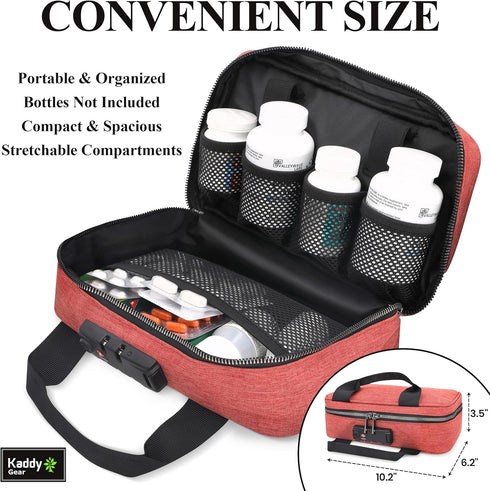 Kaddy Secure Pill Organizer Box, Storage for Medicine or Supplements, TSA Approved Lock (Red)
