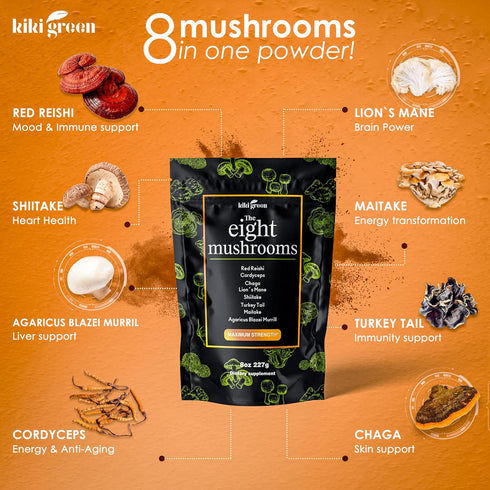 KIKI Green 8 Mushrooms Powder Extract - Mushroom Supplement Blend for Focus & Energy - 8 oz, Add to Coffee & Smoothie
