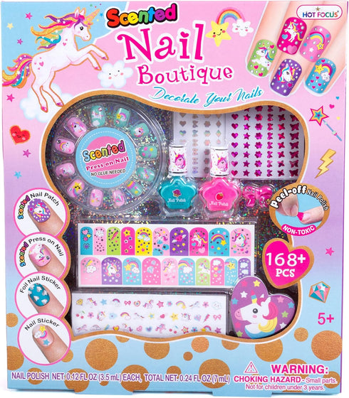 Hot Focus Scented Nail Boutique – 168 Piece Unicorn Nail Art Kit, Includes Press on Nails, Nail Patches, Nail Stickers,