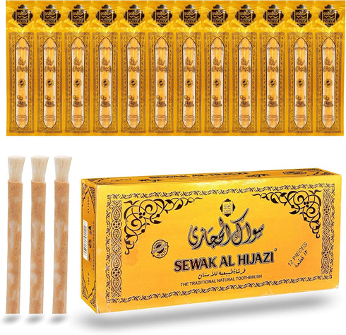 Pack of 12 Miswak Sticks - Natural Toothbrush for Teeth Whitening and Fresh Breath, Organic Wooden Vacuum Sealed