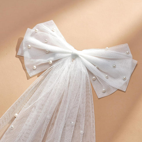 SWEETV Bridal Hair Bow Veil - White Bow Clip, Pearl Accessories for Bachelorette Party, Bridal Shower Gift