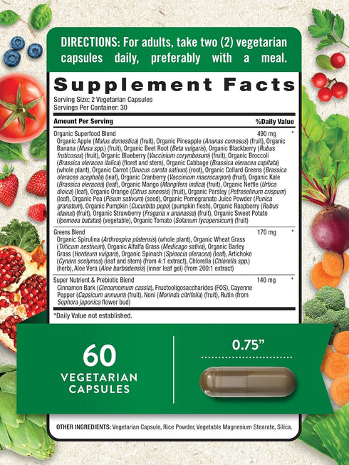 Super Fruits and Veggies | 60 Vegetarian Capsules | Vitalizing Antioxidant Superfood Formula | Non-GMO & Gluten Free Supplement | by Nature's Truth