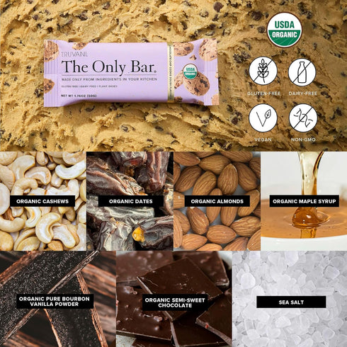 Truvani Plant Based Snack Bar - Chocolate Chip Cookie Dough 12 Pack, 5g Protein, USDA Organic and Vegan, Dairy, Soy,