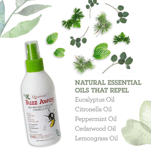 Natural DEET-free Insect Repellent: Quantum Buzz Away - Citronella Essential Oil Bug Spray, 6 Fl Oz