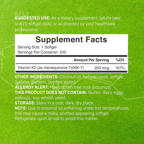 K2 MK-7 200mcg 240 Menaquinone-7 Immune DEAL SUPPLEMENT Vitamin Per Serving, Coconut Oil Softgels | Easily Absorbed
