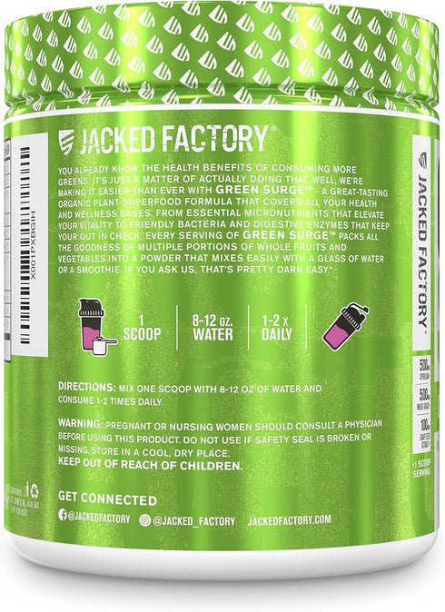 Jacked Factory Green Surge Superfood Powder - Keto Friendly Greens Drink w/Spirulina, Organic Greens, Mixed Berry, 10.6
