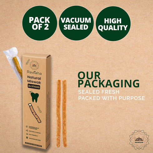 Rawaha 2 Pack 2 Pcs Miswak Sticks - Vacuum Sealed Natural Chewing Miswak Sticks for Teeth - Natural Flavored Toothbrush