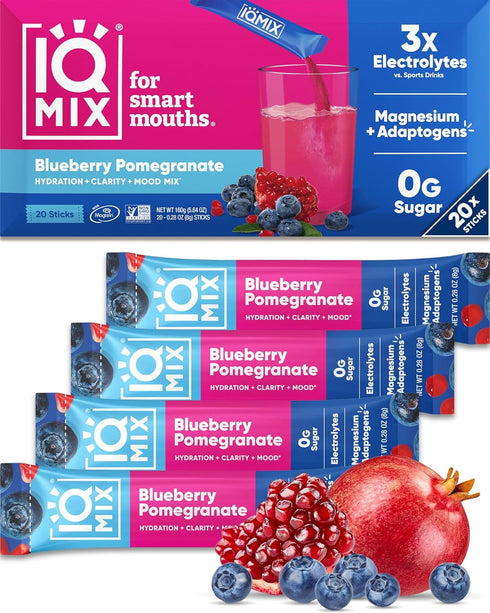 IQMIX Hydration Electrolyte Powder, 4-in-1 Formula for Hydration, Mental Clarity, Mood, Recovery – 20 Count Blueberry