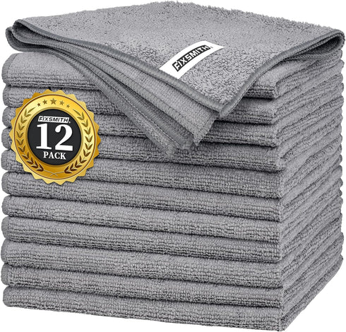 FIXSMITH Grey Microfiber Cleaning Cloth - Pack of 12, Highly Absorbent 16"X12" All Purpose Towels for Housekeeping