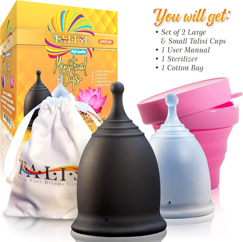 Talisi Menstrual Cups with Foldable Silicone Sterilizer, Reusable Period Starter Kit for Light & Heavy Flow (Small &