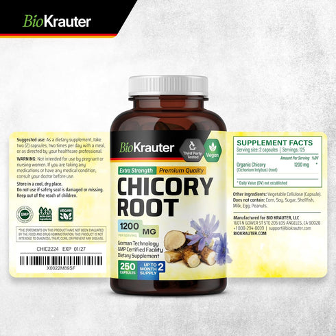 BIO KRAUTER Chicory Fiber Supplement - 1200 mg Strength, 250 Count, Chicory Root Powder, Vegan Inulin Capsules