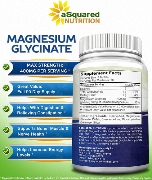 aSquared Nutrition Magnesium Glycinate 400mg - 180 Tablets, Max Strength Bisglycinate Supplement for Muscles & Heart