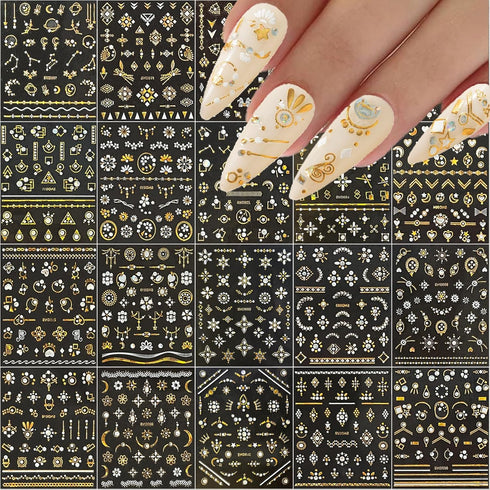 20 Sheets Gold Nail Art Stickers - Metallic 3D Self Adhesive Flower Diamond Designs for Women Nail Decorations